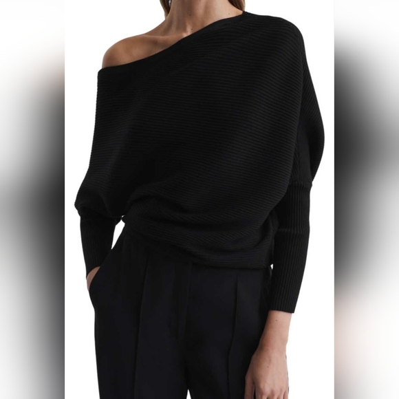 NWT Reiss Lorna Off Shoulder Rib Sweater - Black